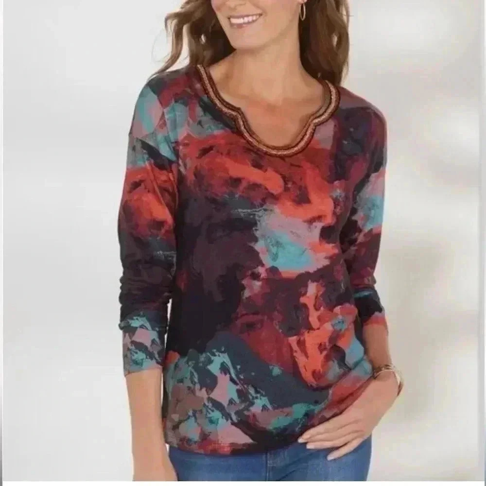 Soft‎ Surroundings Domenica beaded trim printed tunic top Sz Small